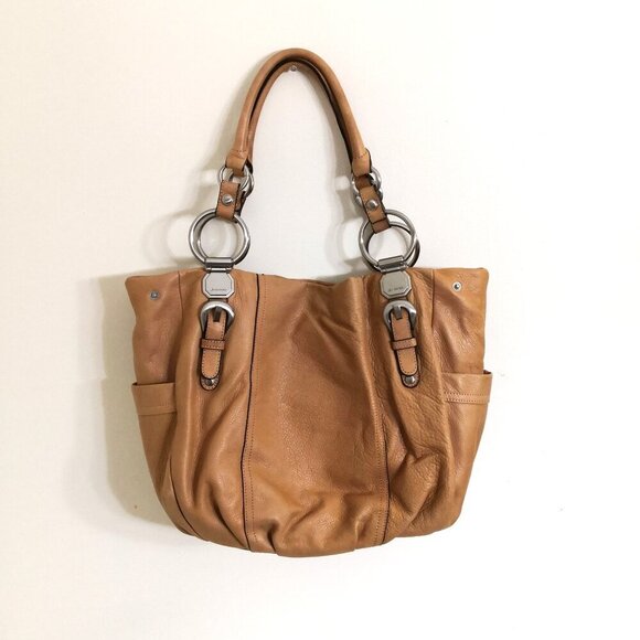 Makowsky Leather Buckle Detail Shoulder Bag Tan Orange